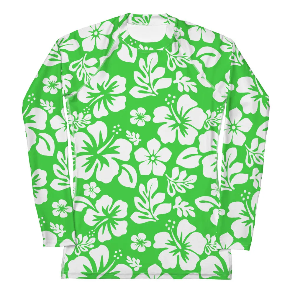 Lime Green and White Hawaiian Flowers Women's Rash Guard