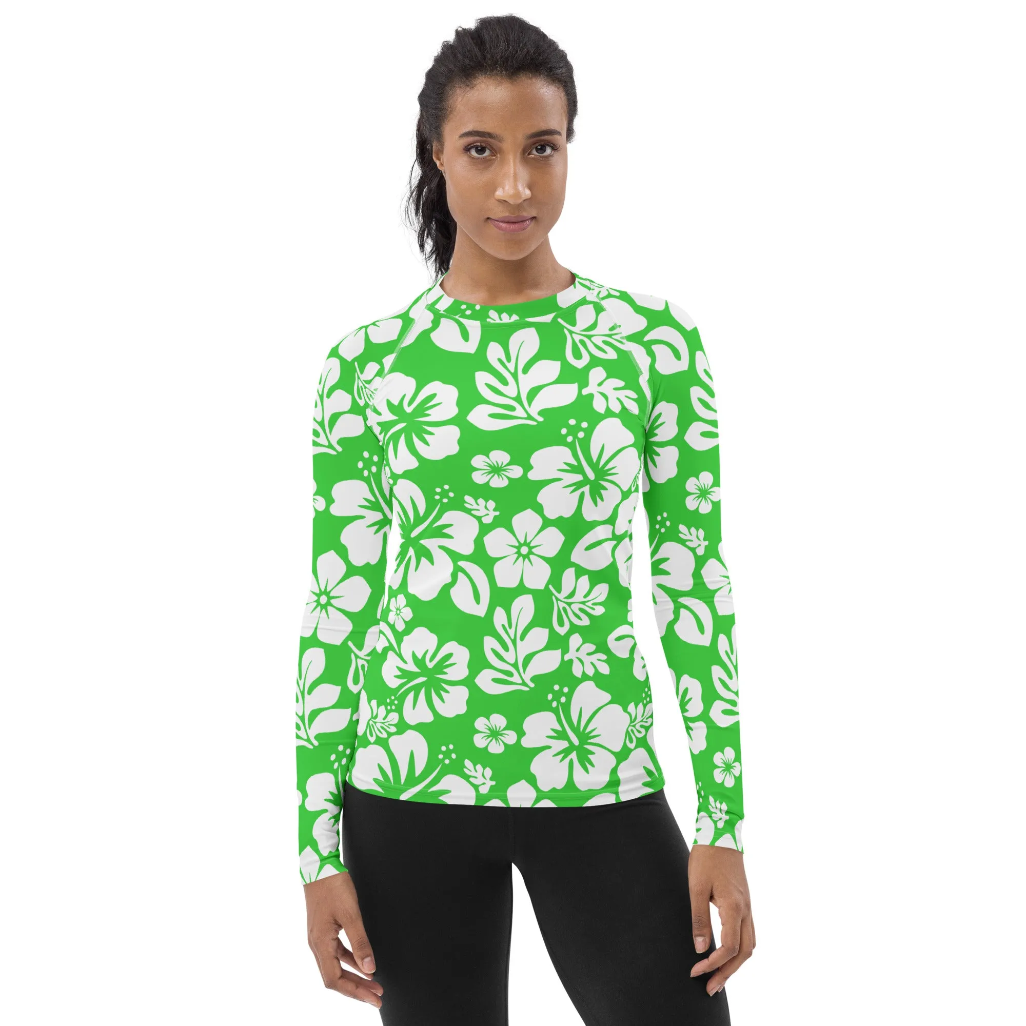 Lime Green and White Hawaiian Flowers Women's Rash Guard