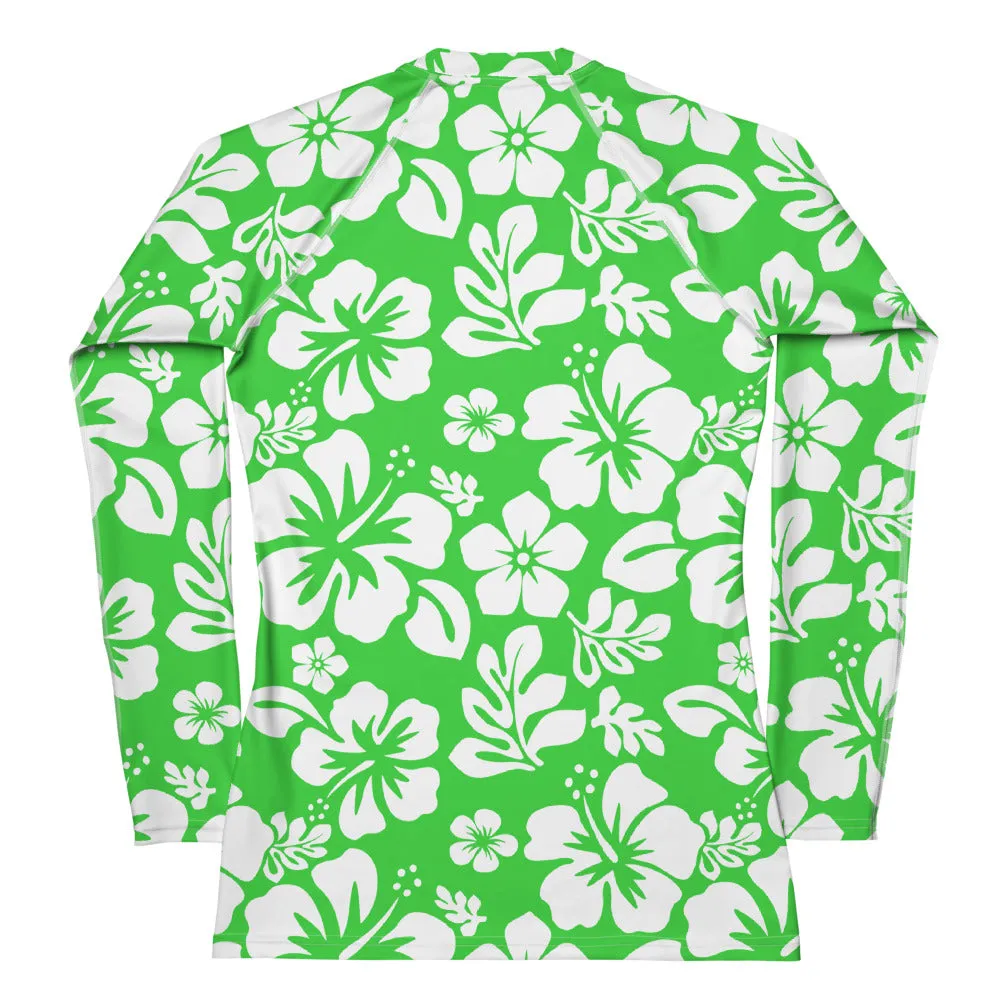 Lime Green and White Hawaiian Flowers Women's Rash Guard