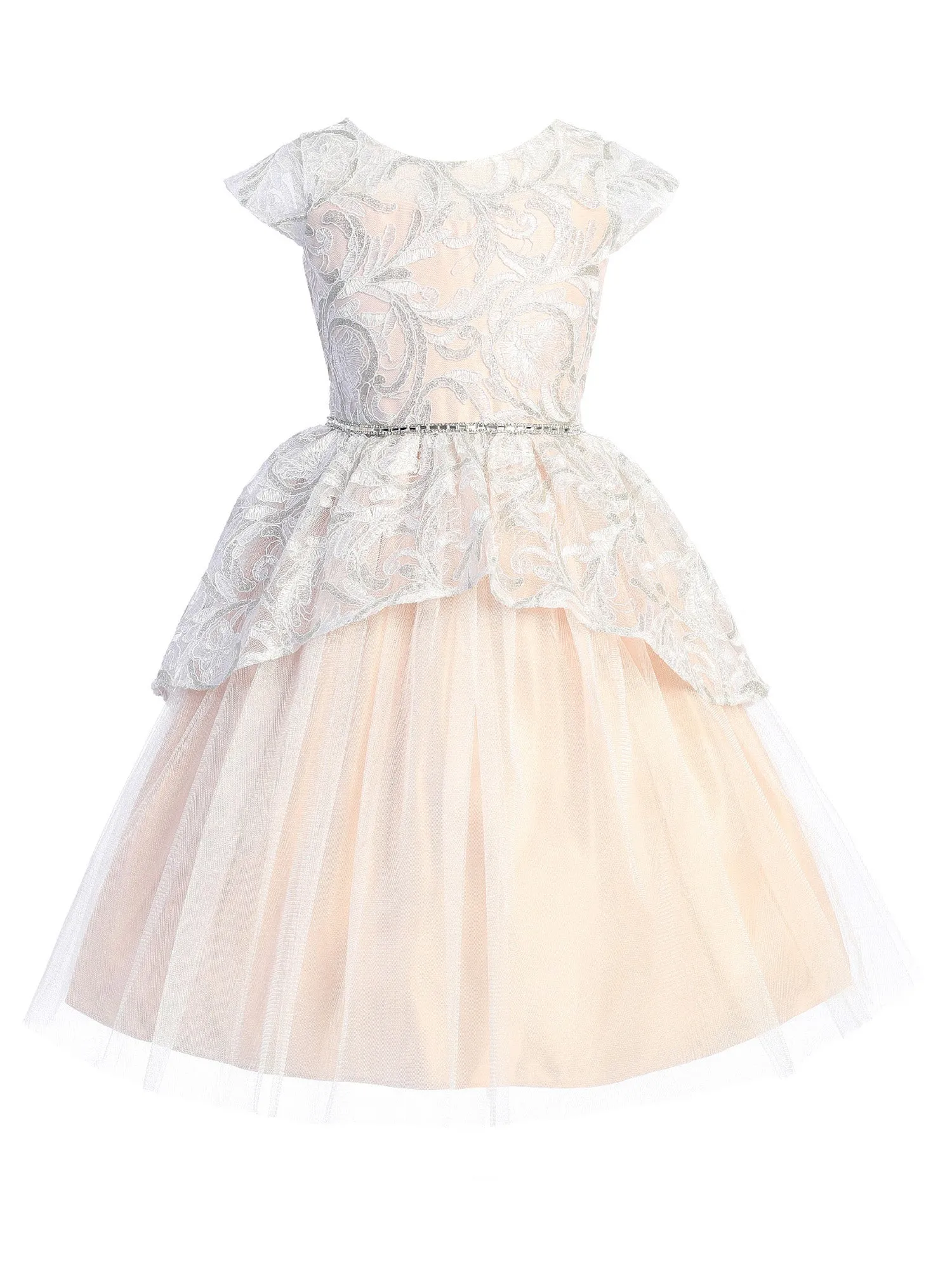 Little Girls Blush Sequin Belt Lace Peplum Crystal Tulle Flower Girl Dress 2-6