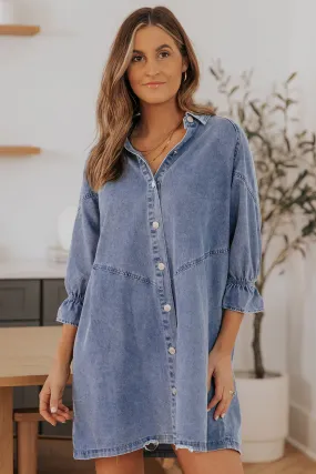 Long Sleeve Denim Mini Dress With Button