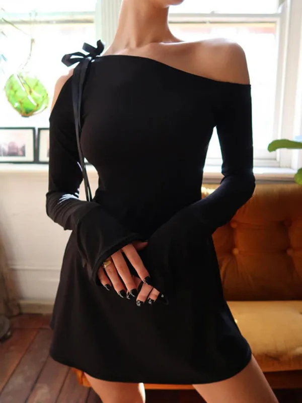 Long Sleeve Solid One-Shoulder Mini Dress