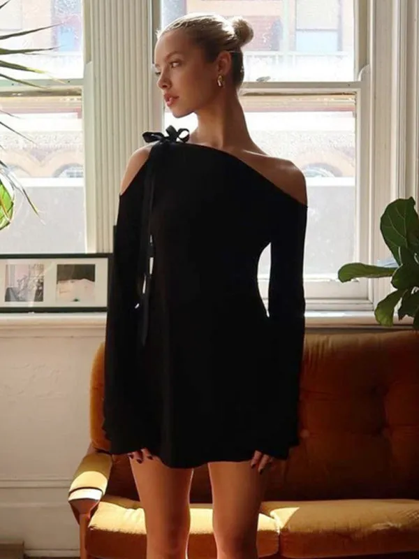 Long Sleeve Solid One-Shoulder Mini Dress