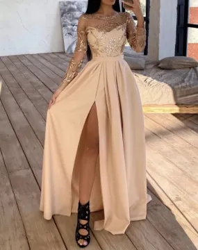 Long Sleeves Champagne Bridesmaid Dresses High Slit Evening Dresses