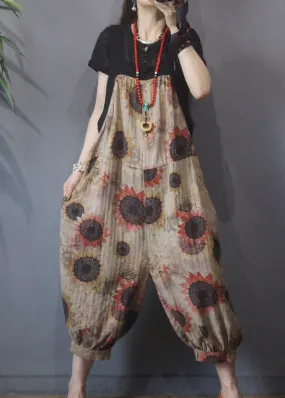 Loose Khaki Patchwork Print Pockets Linen Wide Leg Jumpsuits Summer