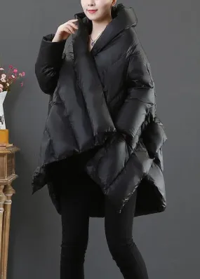 Luxury casual snow jackets coats black hooded asymmetric down jacket woman