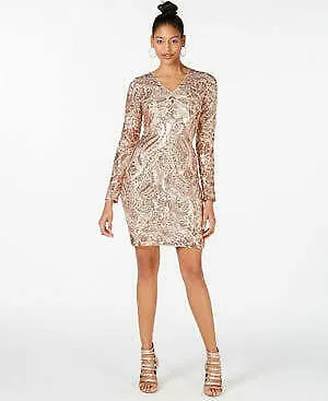 Marciano Womens V-Neck Bodycon Sequined-Mesh Sheath, Size 6