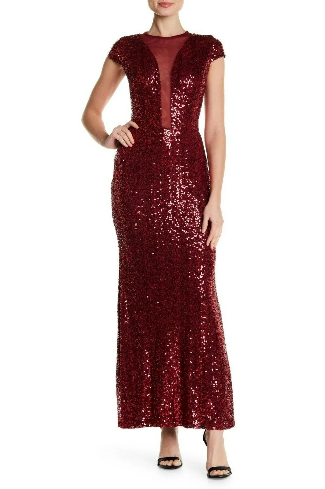 Marina Mesh Inset Sequin Cap Sleeve Gown