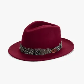 Maroon Fedora with Guinea Fowl Wrap