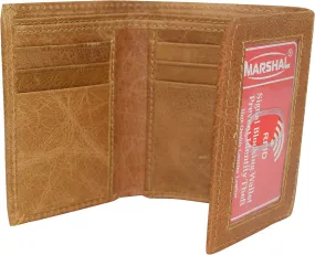 Marshal RFID Blocking Men's Cowhide Leather Outside ID Credit Card Holder Trifold Tan Wallet