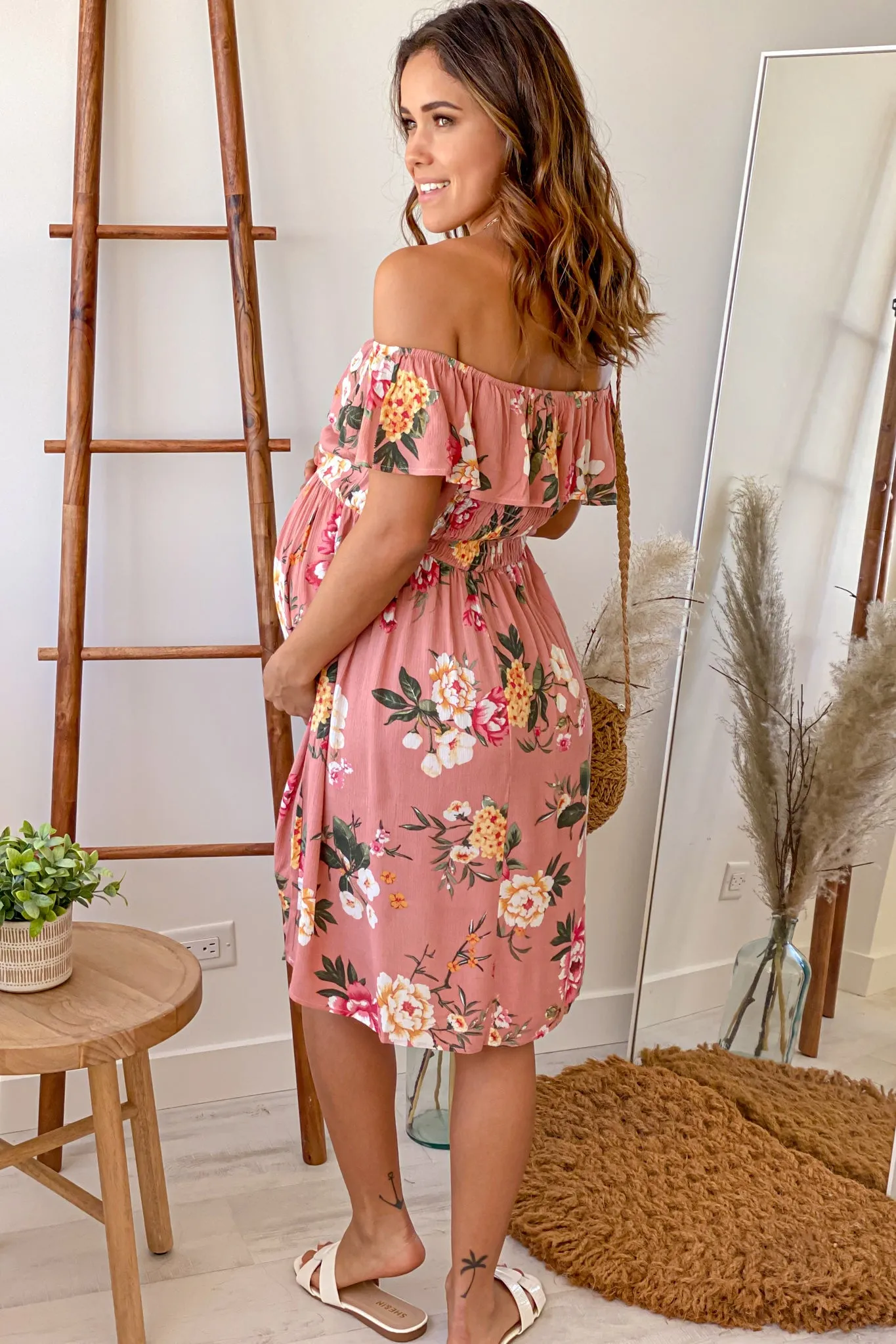 Mauve Floral Off Shoulder Maternity Dress