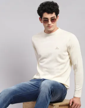 Men Cream Solid Round Neck Full Sleeve Sweaters/Pullovers