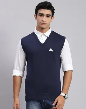 Men Navy Blue Solid V Neck Sleeveless Sweaters/Pullovers