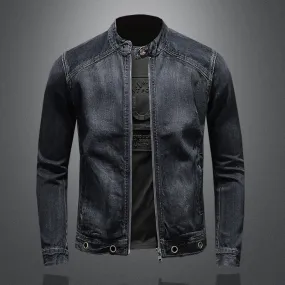 Men's Band Collar Dark Blue Denim Jacket