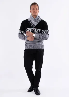 Men's Black Pullover Greek Key Sweater Shawl Collar fashion design