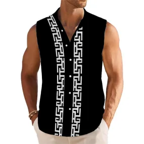 Men's Breathable Linen Lapel Printed Sleeveless Shirt 29969922YM