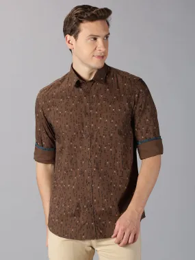 MEN'S BROWN PRINT SLIM FIT SHIRT