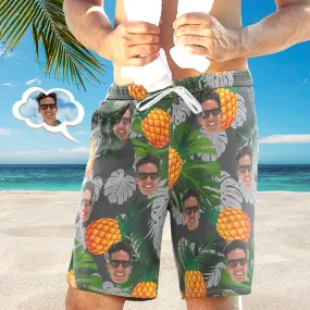 Men's Custom Face Beach Trunks Photo Shorts Beach Shorts Men's Photo Swim Trunks - Green Leaves and Pineapple