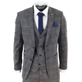 Mens Grey Check 3 Piece Suit Herringbone Tweed Vintage Tailored Fit Blue Velvet