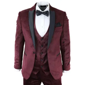 Mens Marc Darcy Velvet Paisley Burgundy Fit 3 Piece Suit Tuxedo Dinner Jacket Wedding