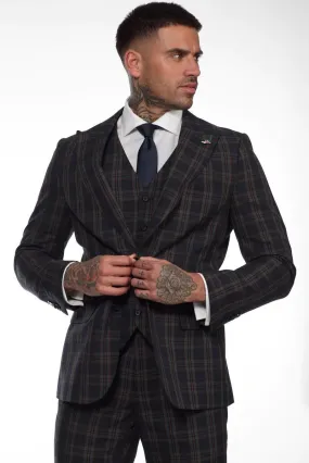 Men's Navy Blue 3 Piece Check Suit Formal Business Dress Suits