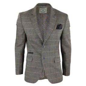 Mens Oak Brown Vintage Check Herringbone Tweed Blazer Jacket or Waistcoat Retro