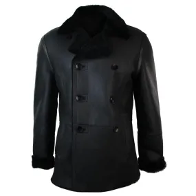 Mens Real Shearling German Navy Sheepskin Double Breasted Jacket Black Fitted