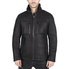 Mens Real Sheepskin Jacket Short Zipped Casual Retro Vintage Black Zipped