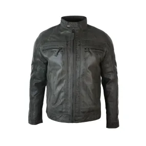 Mens Retro Style Zipped Biker Jacket Real Leather Soft Grey Vintage Smart Casual