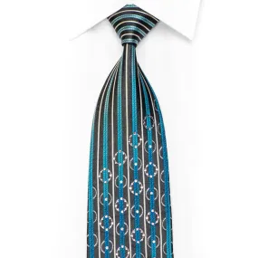 Men's Rhinestone Silk Necktie Silver Blue Vertical Striped On Black