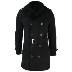 Mens Sherling Sheepskin Black Grey Double Breasted Belted Crombi 3/4 Overcoat