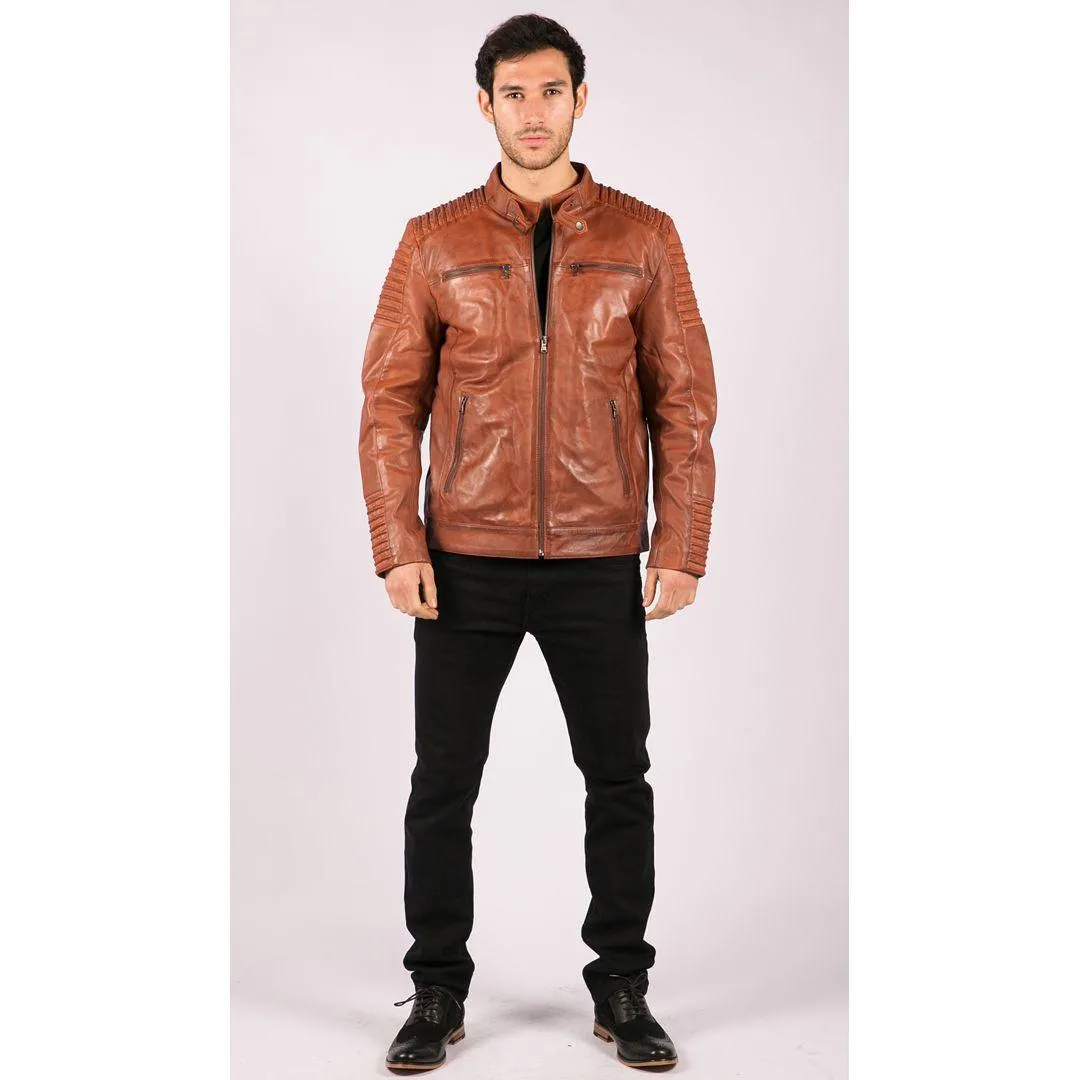 Mens Slim Fit Tan Brown Washed Vintage Real Leather Jacket Zipped Casual