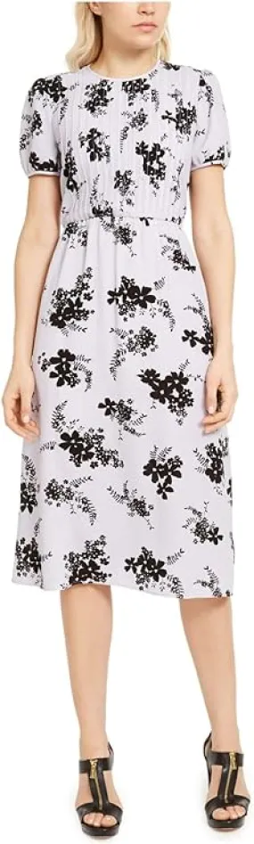 Michael Kors Womens Pleated Floral Short Sleeve Dress, Size Large