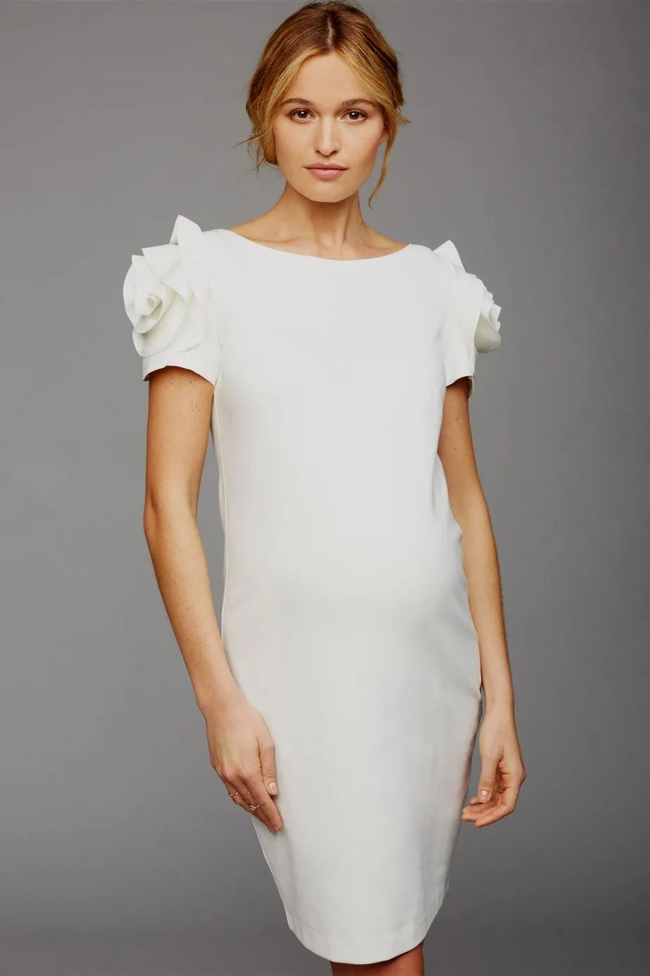 Milano Maternity Dress With Flower Sleeve in Pearl White