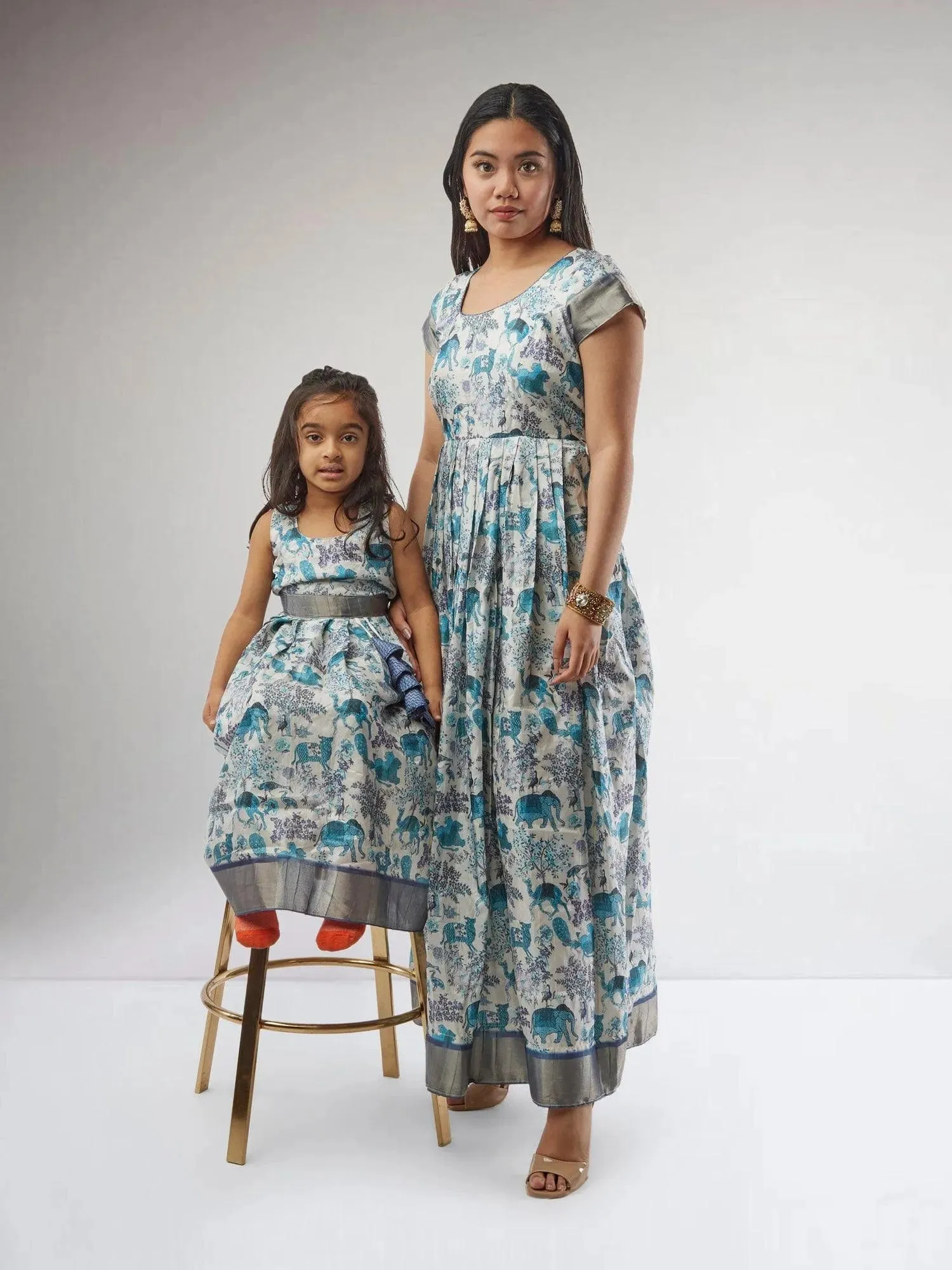 Mommy n Me - White and Blue Kalankari Print Matching Dresses