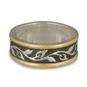 Narrow Bordered Flores Wedding Ring in Gold over Silver