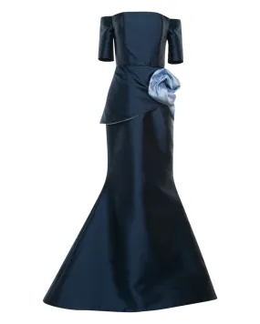 Navy and Light Blue Silk Mikado with Rose Peplum Mermaid Gown