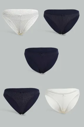 Navy And White Bikini Brief For Women (Pack Of 5)