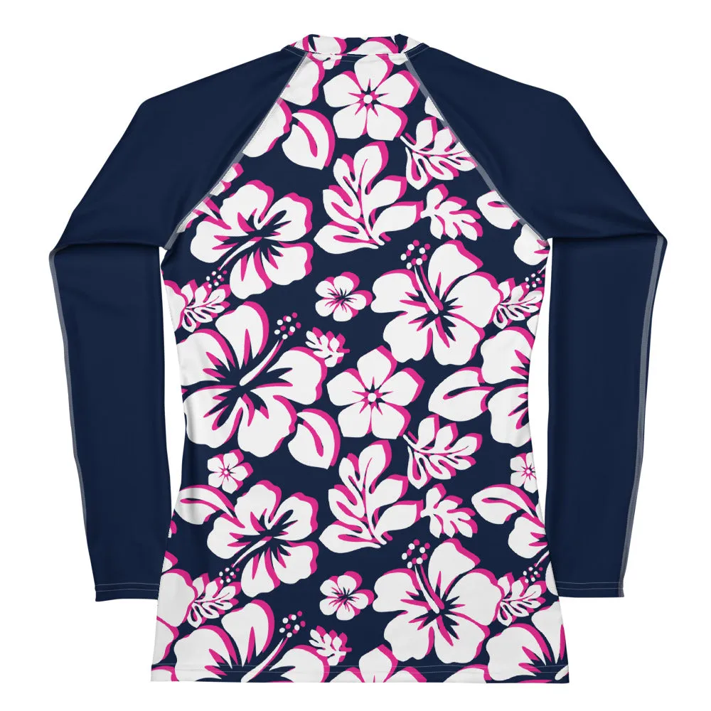 Navy Blue, Hot Pink and White Hawaiian Print Women's Rash Guard with Navy Blue Sleeves