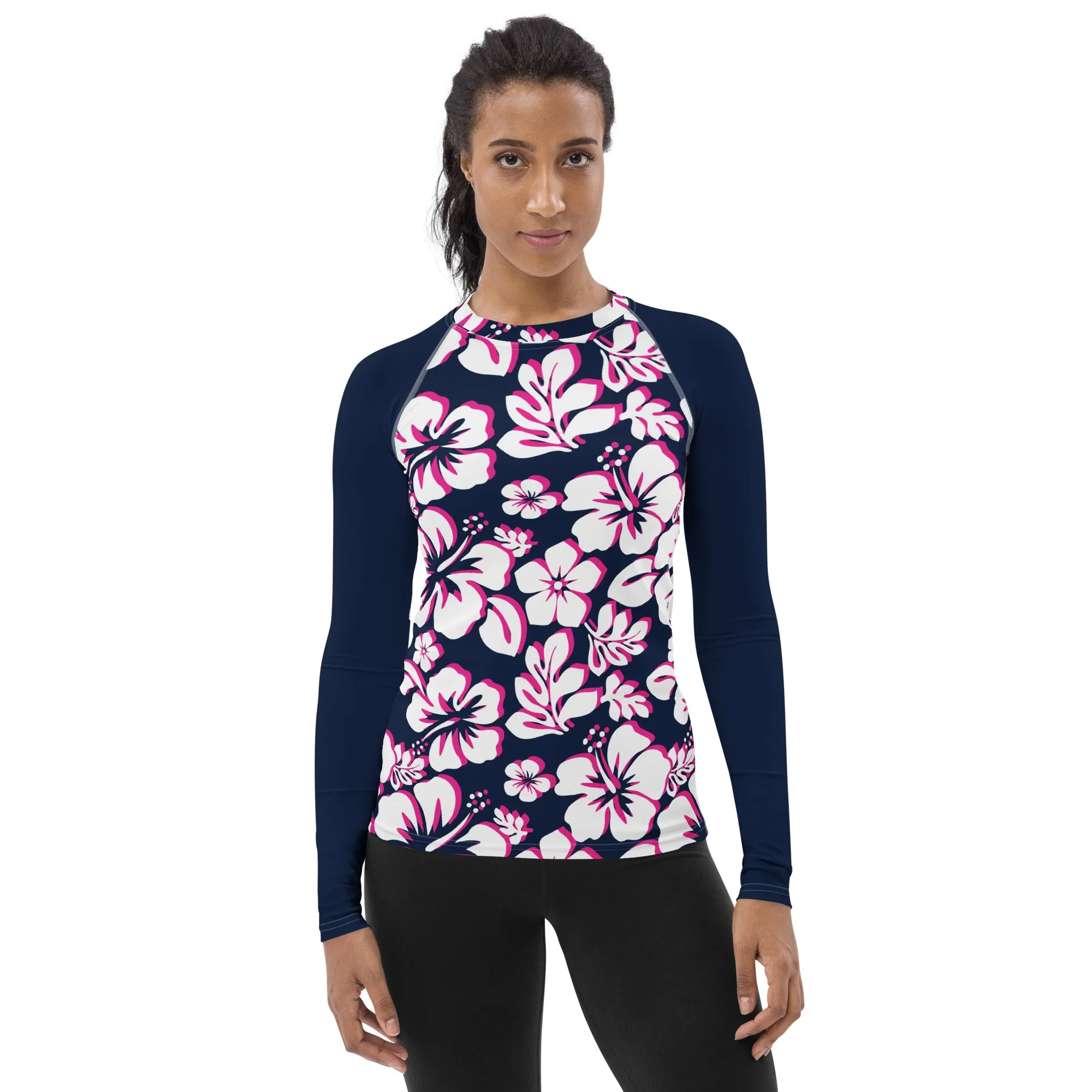 Navy Blue, Hot Pink and White Hawaiian Print Women's Rash Guard with Navy Blue Sleeves