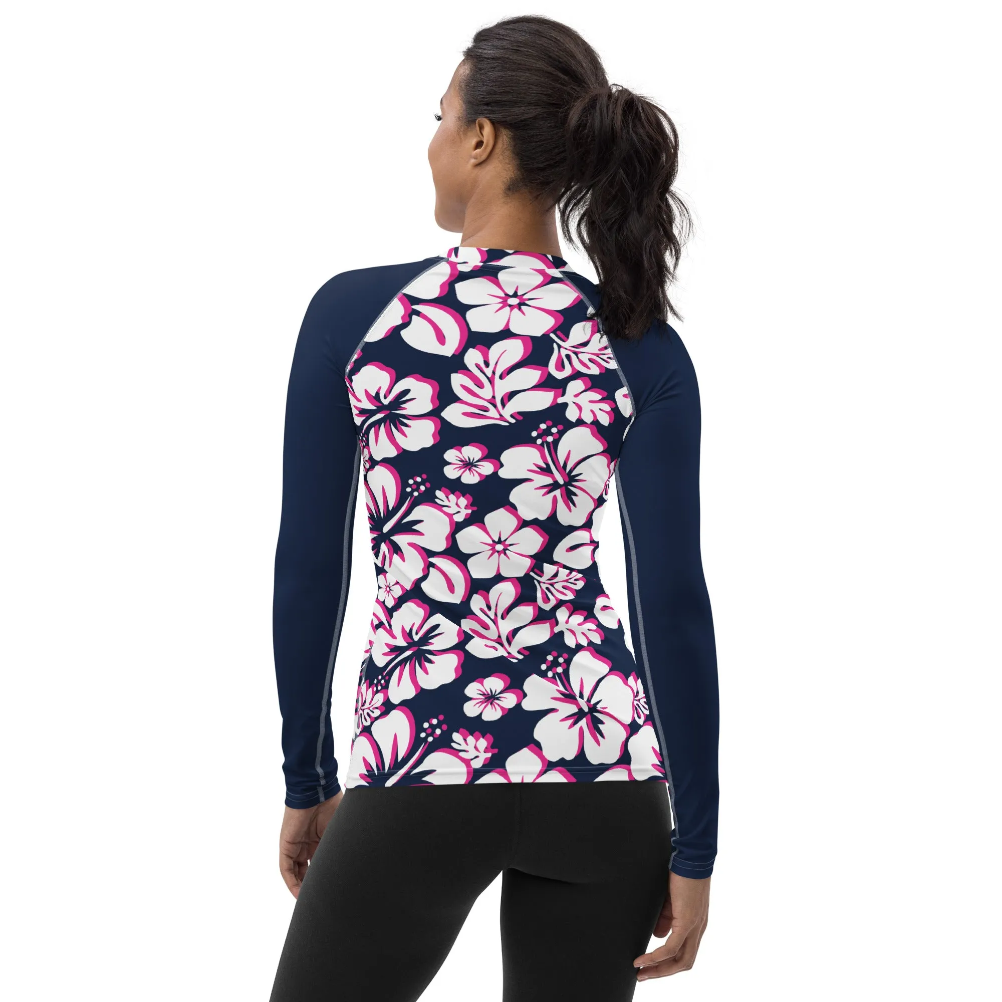 Navy Blue, Hot Pink and White Hawaiian Print Women's Rash Guard with Navy Blue Sleeves