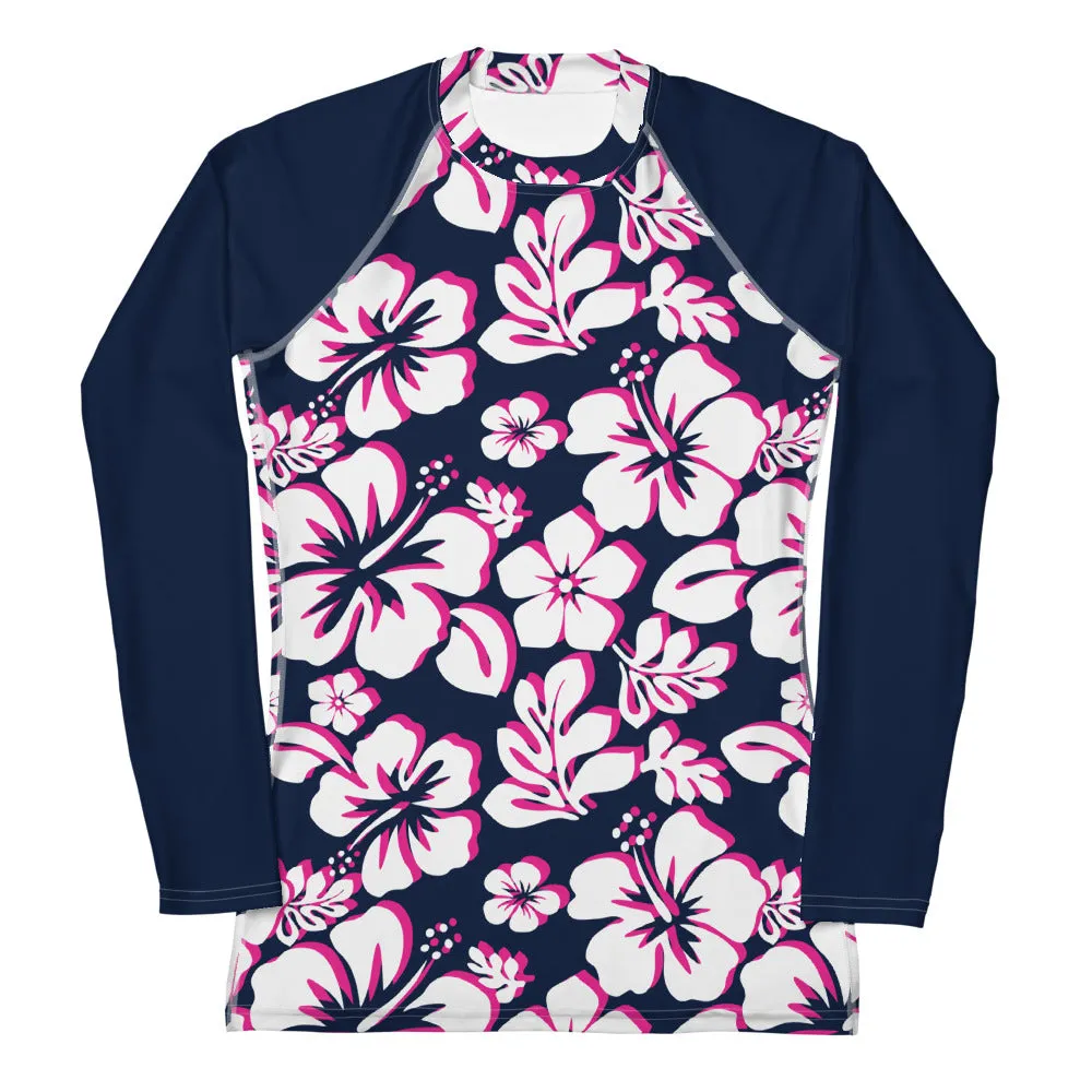 Navy Blue, Hot Pink and White Hawaiian Print Women's Rash Guard with Navy Blue Sleeves