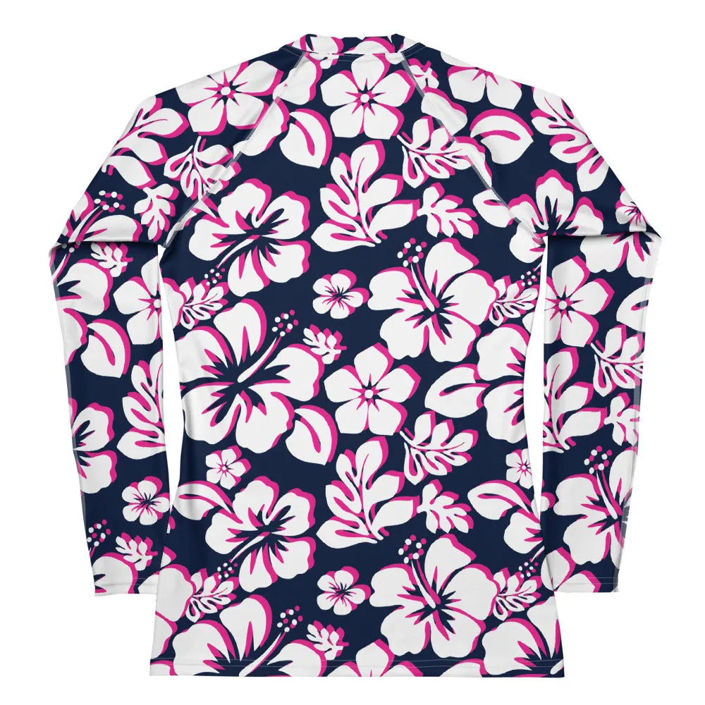 Navy Blue, Hot Pink and White Hawaiian Print Women's Rash Guard