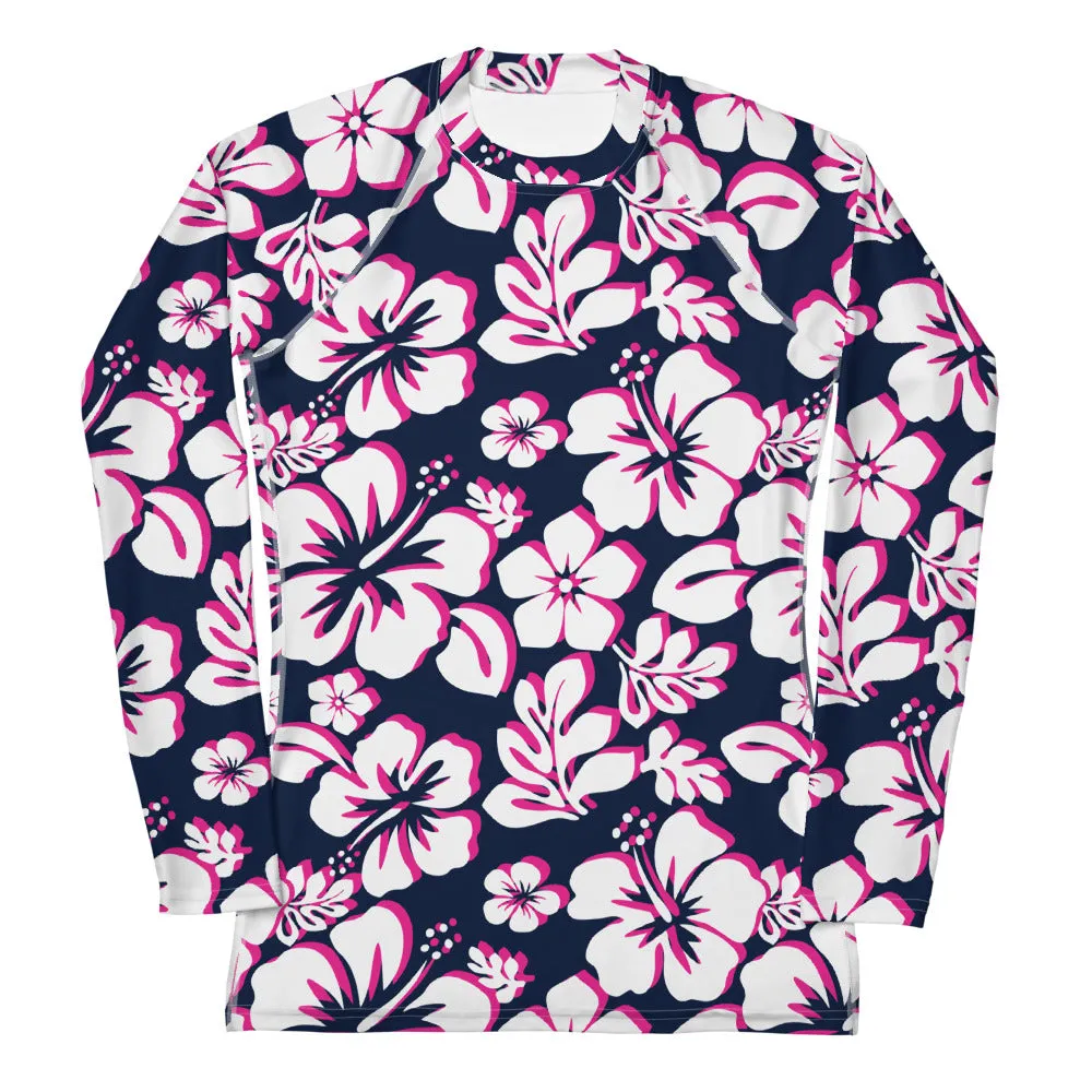 Navy Blue, Hot Pink and White Hawaiian Print Women's Rash Guard