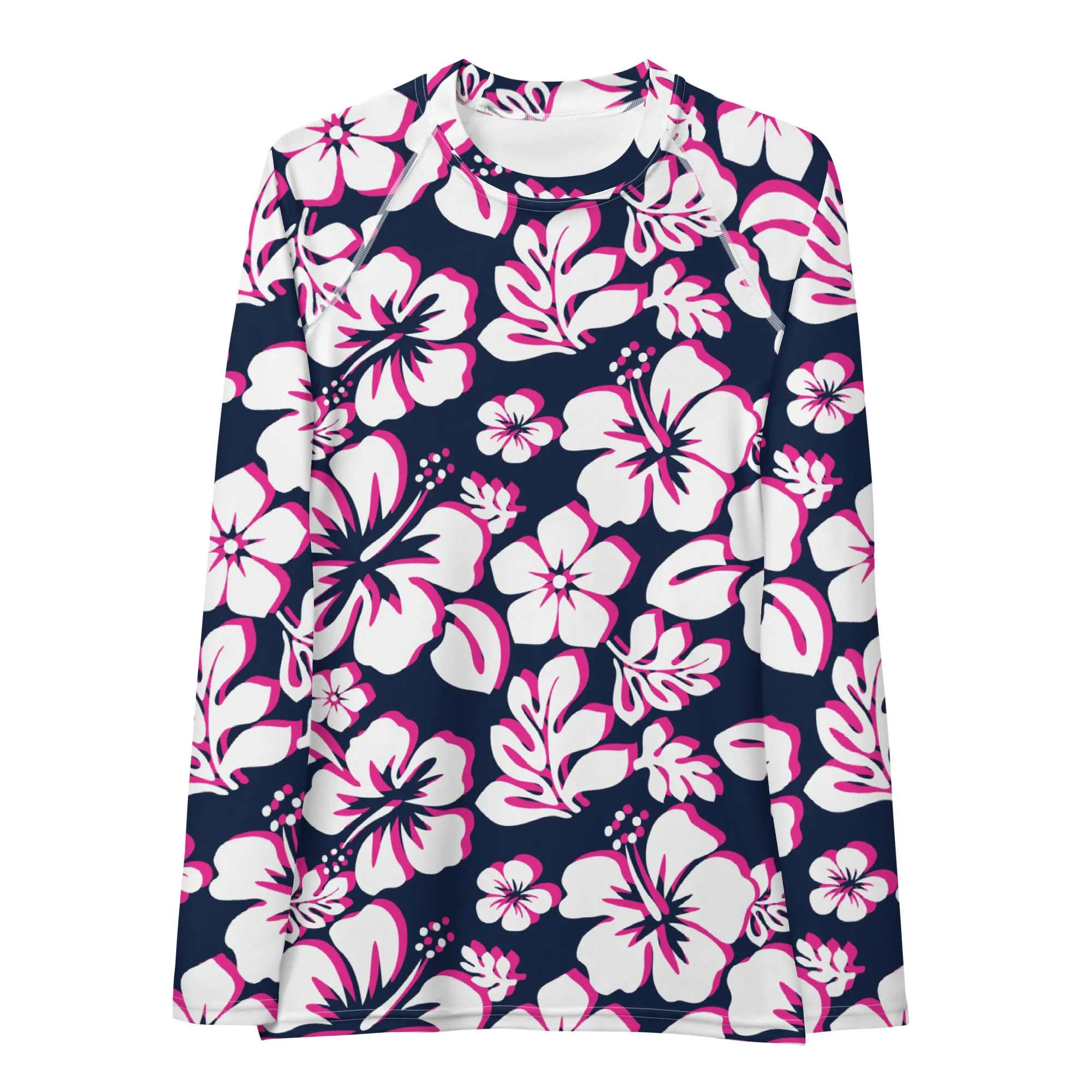 Navy Blue, Hot Pink and White Hawaiian Print Women's Rash Guard