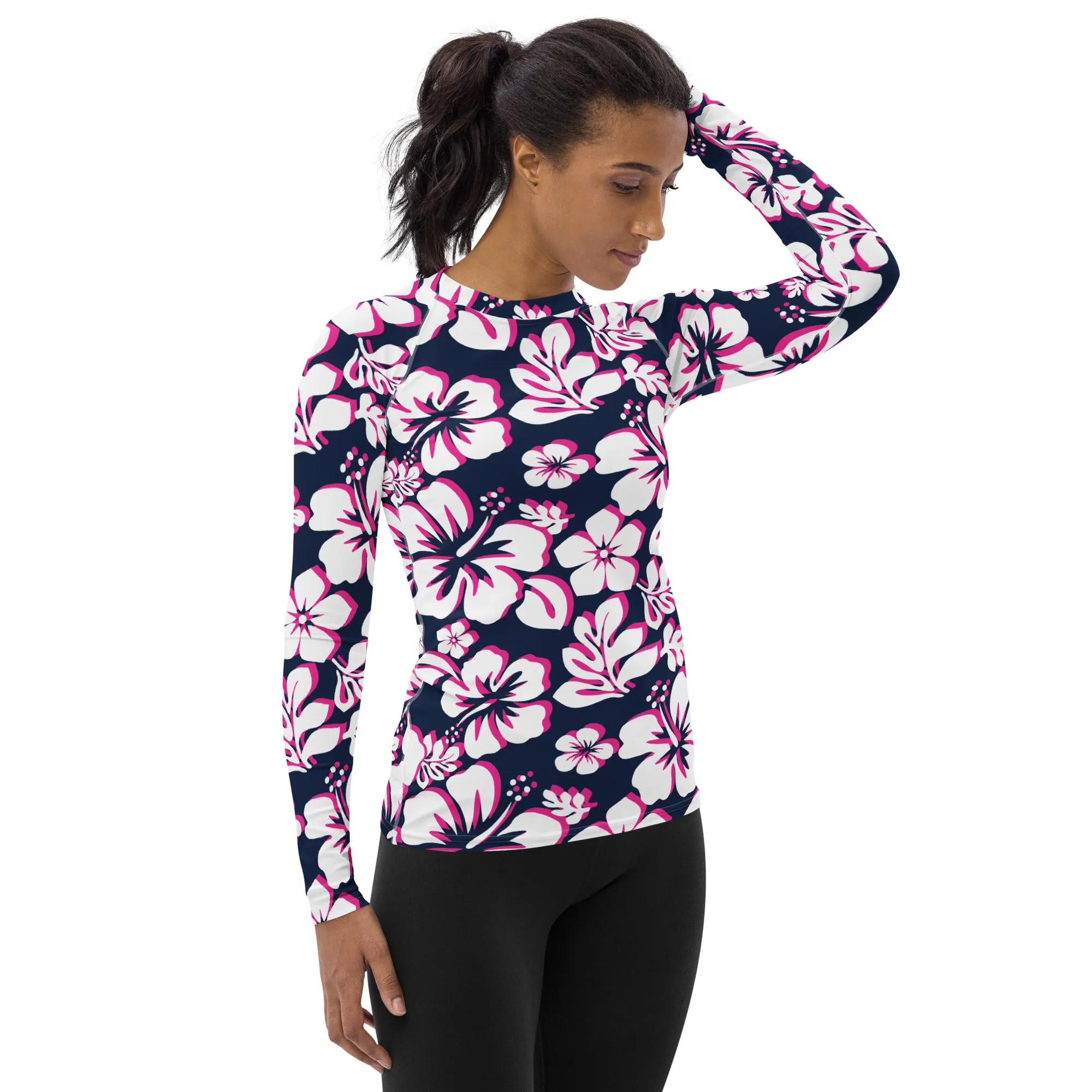 Navy Blue, Hot Pink and White Hawaiian Print Women's Rash Guard