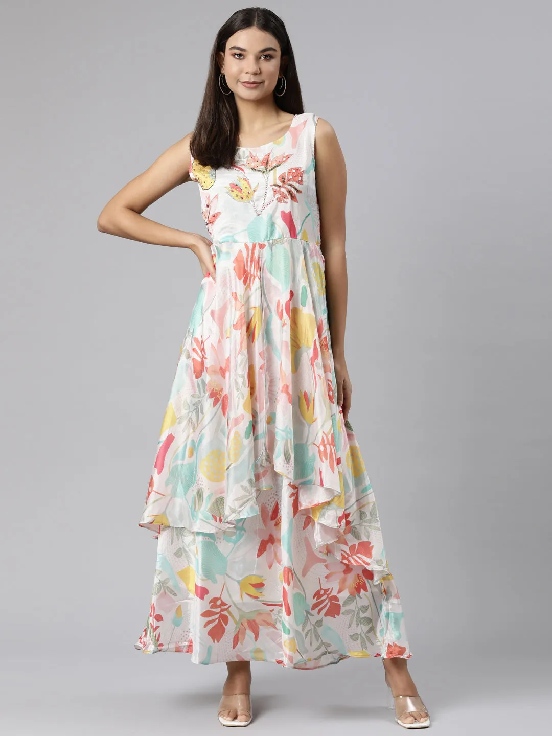 Neeru's Cream Asymmetric Casual Floral Dresses