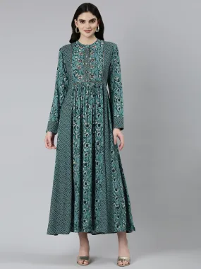 Neeru's Green Straight Casual Floral Dresses