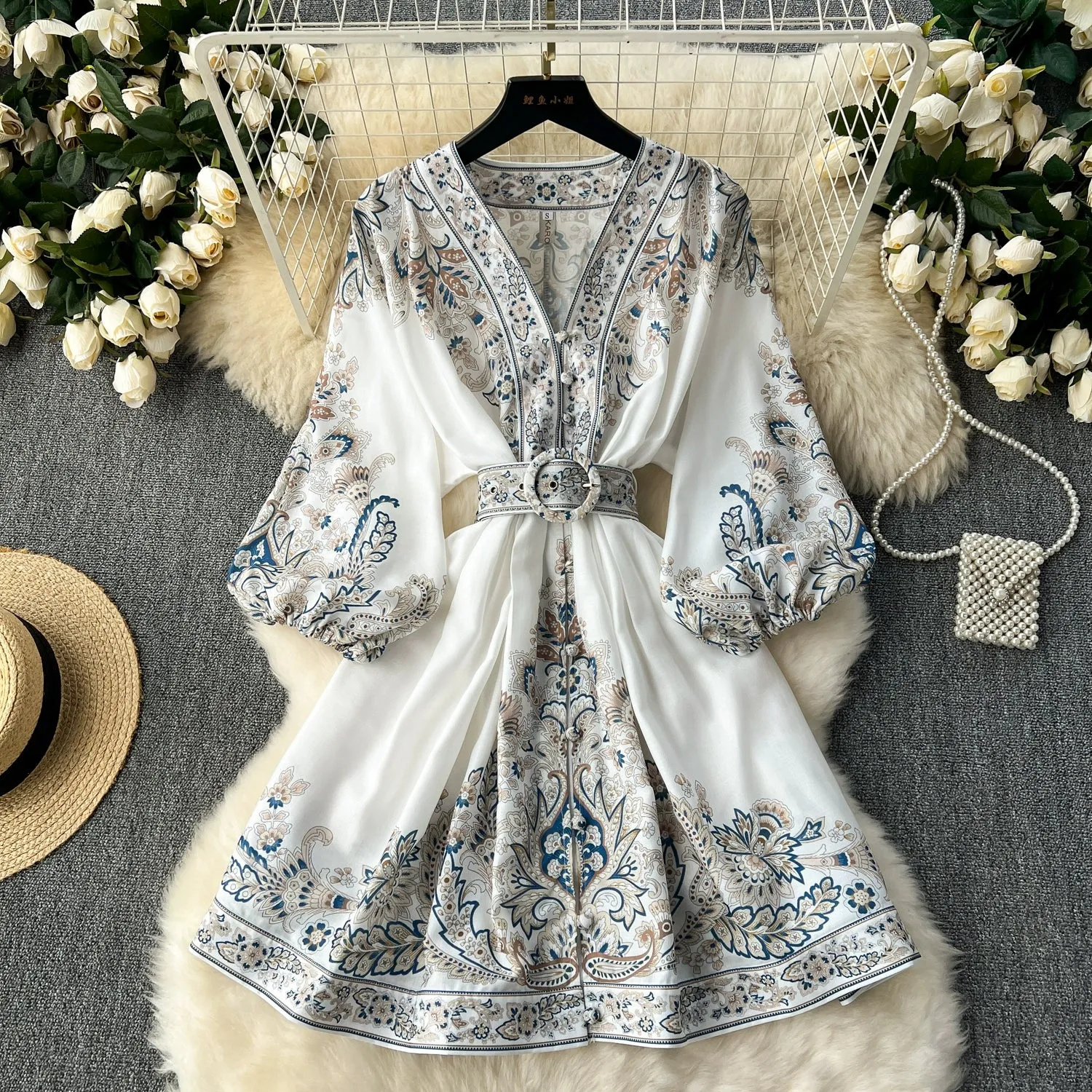 New Arrival French Style Vintage Single-Breasted Lantern Sleeve Dress