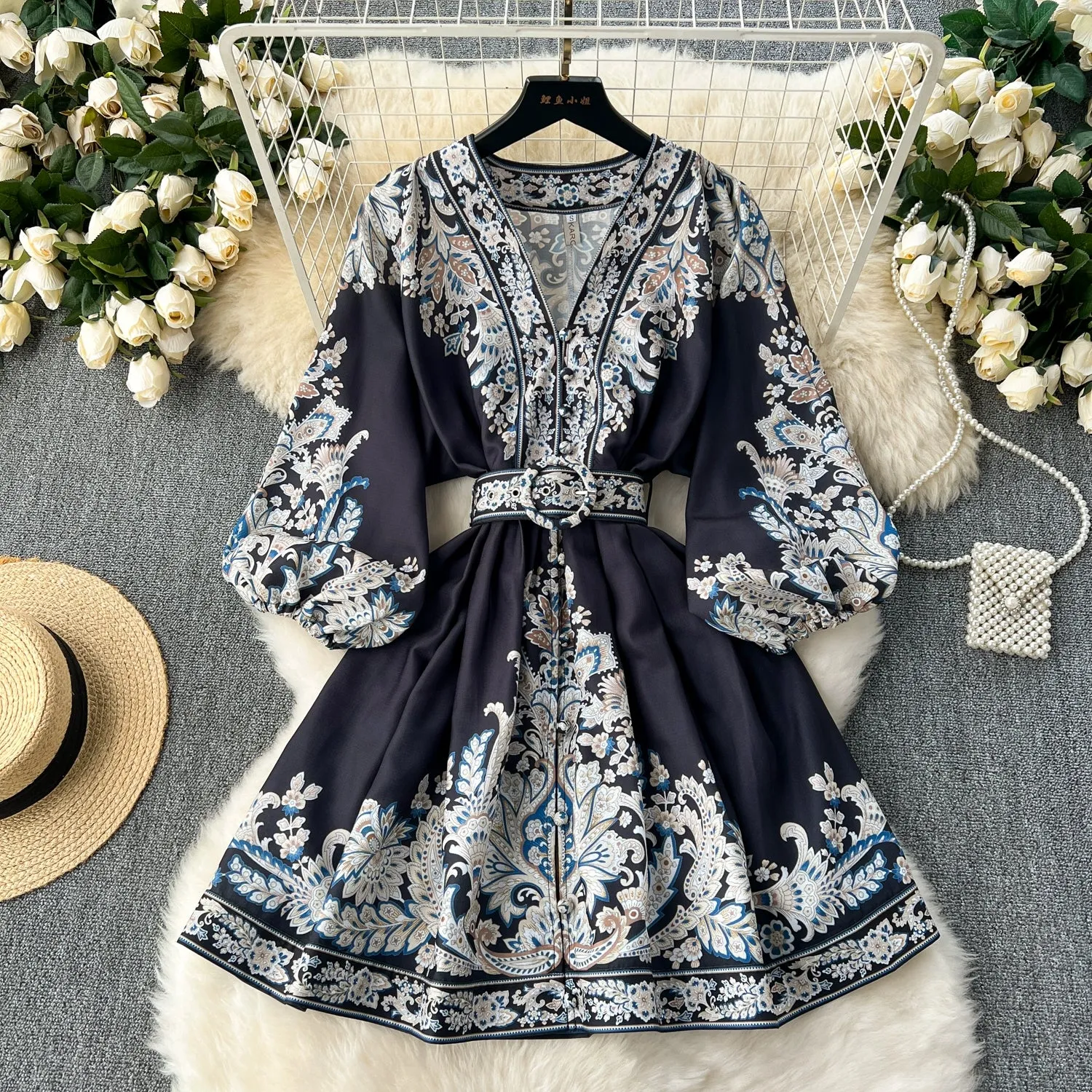 New Arrival French Style Vintage Single-Breasted Lantern Sleeve Dress